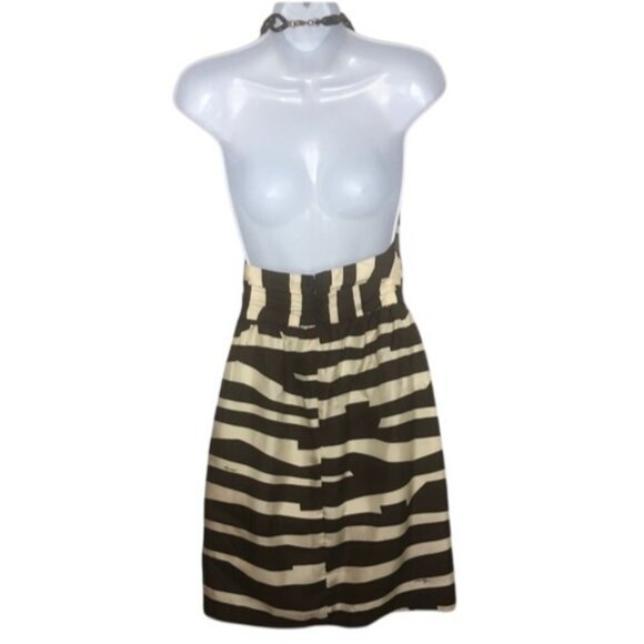 Milly Zebra Silk Cocktail Dress Brown Cream Halter Chain Strap Sleeveless Size 2 - Picture 2 of 16